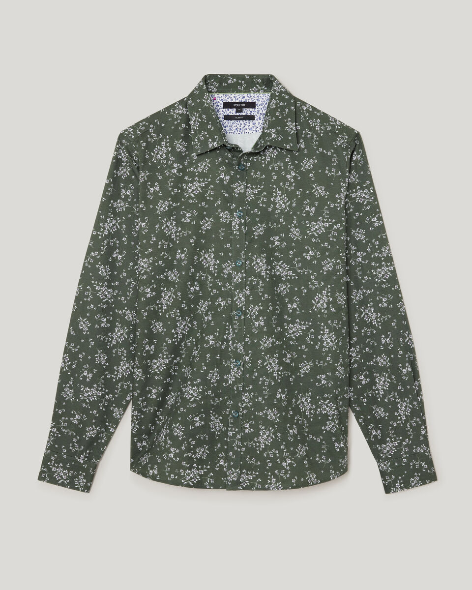 Bouquet Print Long Sleeve Shirt, Khaki, hi-res